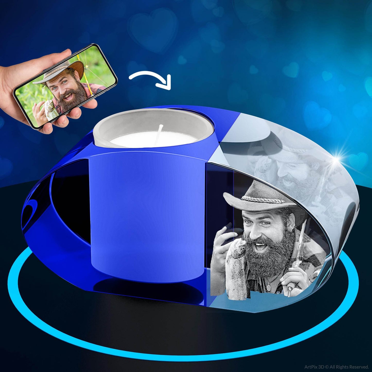 3D Crystal Photo Blue Prism Candle Holder - Portrait Engraved with your photo - Mother's Day, Father's Day, Memorial, Mom, Dad, Wife, Pet (Copy)