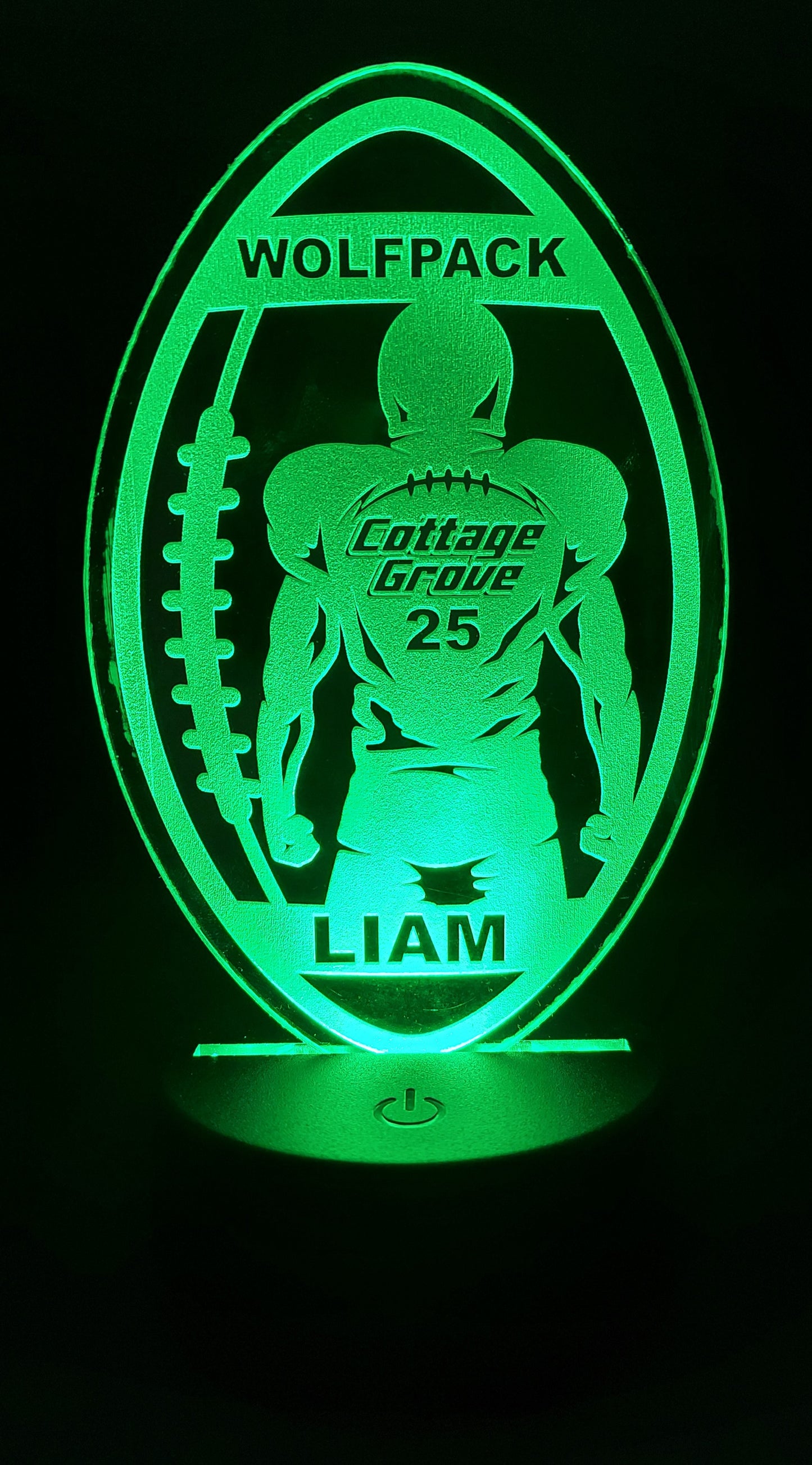 Football Player and Football Acrylic Engraved Sign with LED Base | 16 Color Changing LEDs | Customized Engraved Acrylic Sign - Player Name