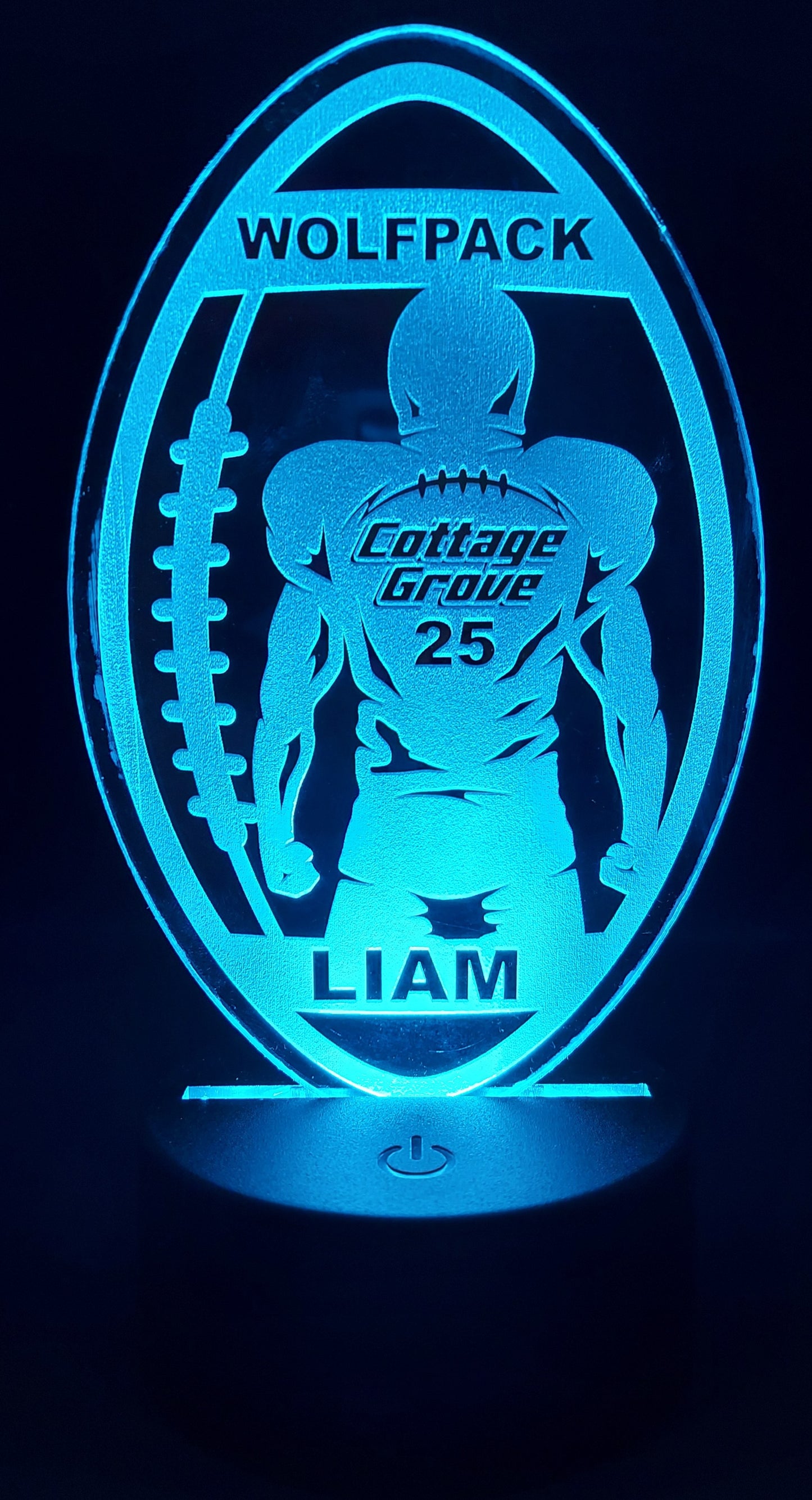 Football Player and Football Acrylic Engraved Sign with LED Base | 16 Color Changing LEDs | Customized Engraved Acrylic Sign - Player Name