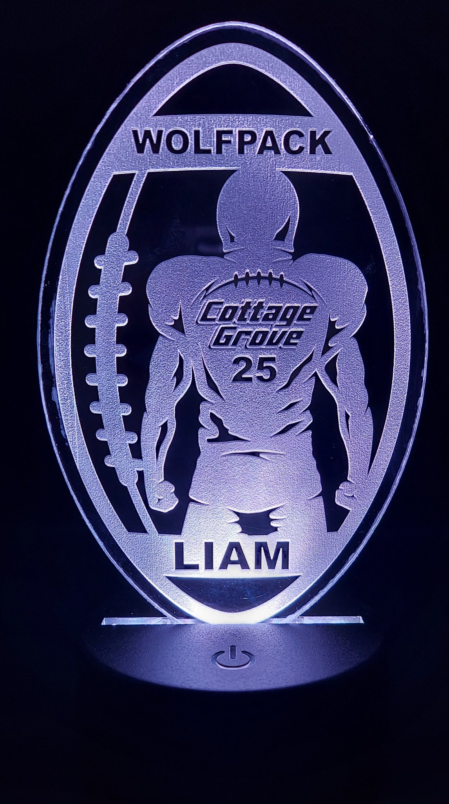 Football Player and Football Acrylic Engraved Sign with LED Base | 16 Color Changing LEDs | Customized Engraved Acrylic Sign - Player Name