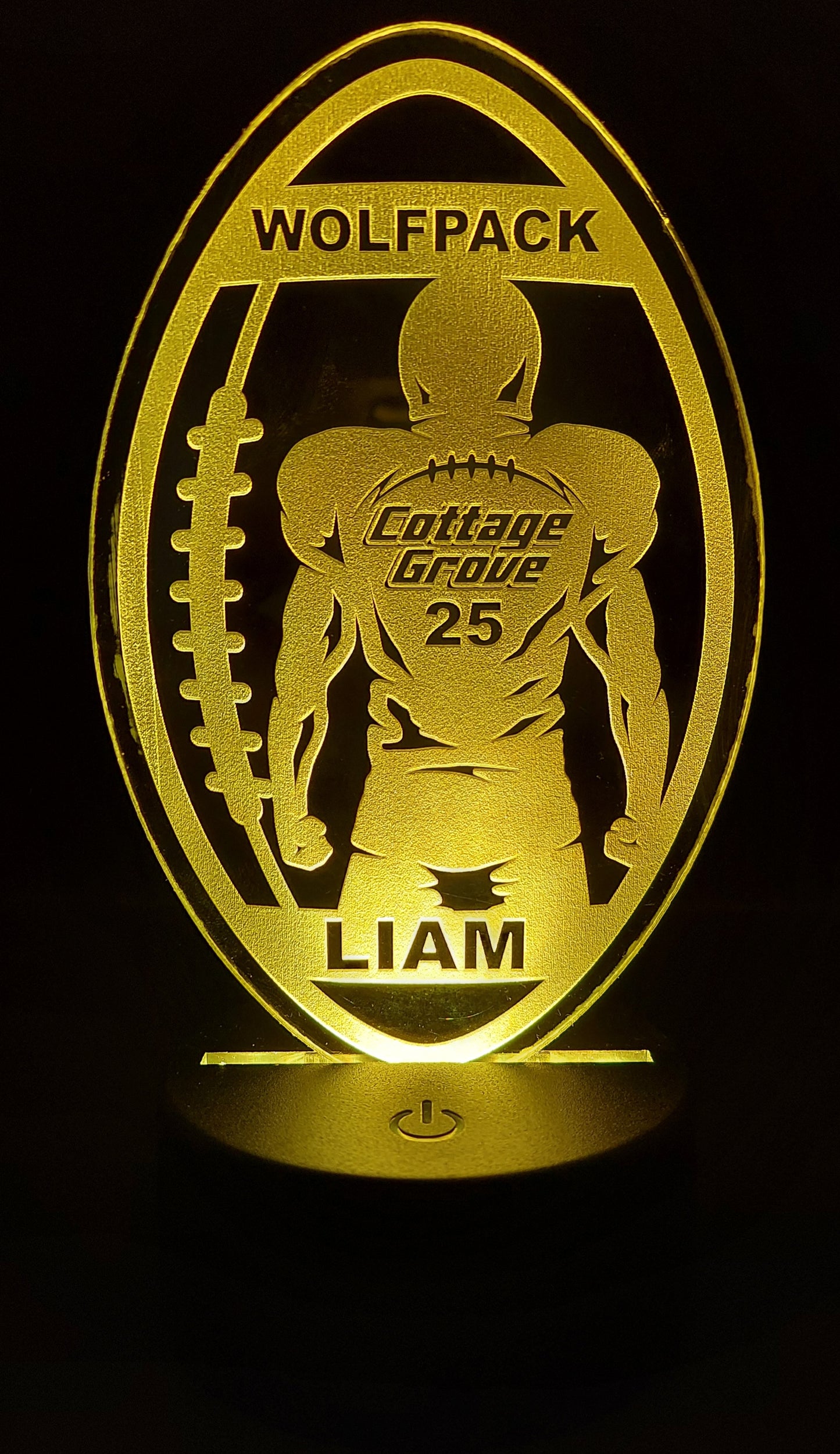 Football Player and Football Acrylic Engraved Sign with LED Base | 16 Color Changing LEDs | Customized Engraved Acrylic Sign - Player Name