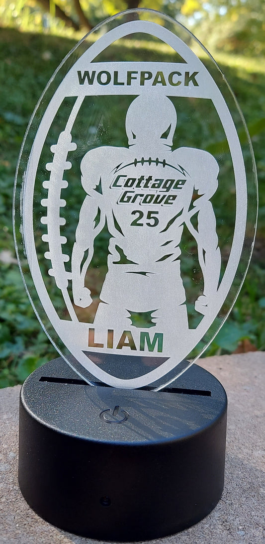 Football Player and Football Acrylic Engraved Sign with LED Base | 16 Color Changing LEDs | Customized Engraved Acrylic Sign - Player Name