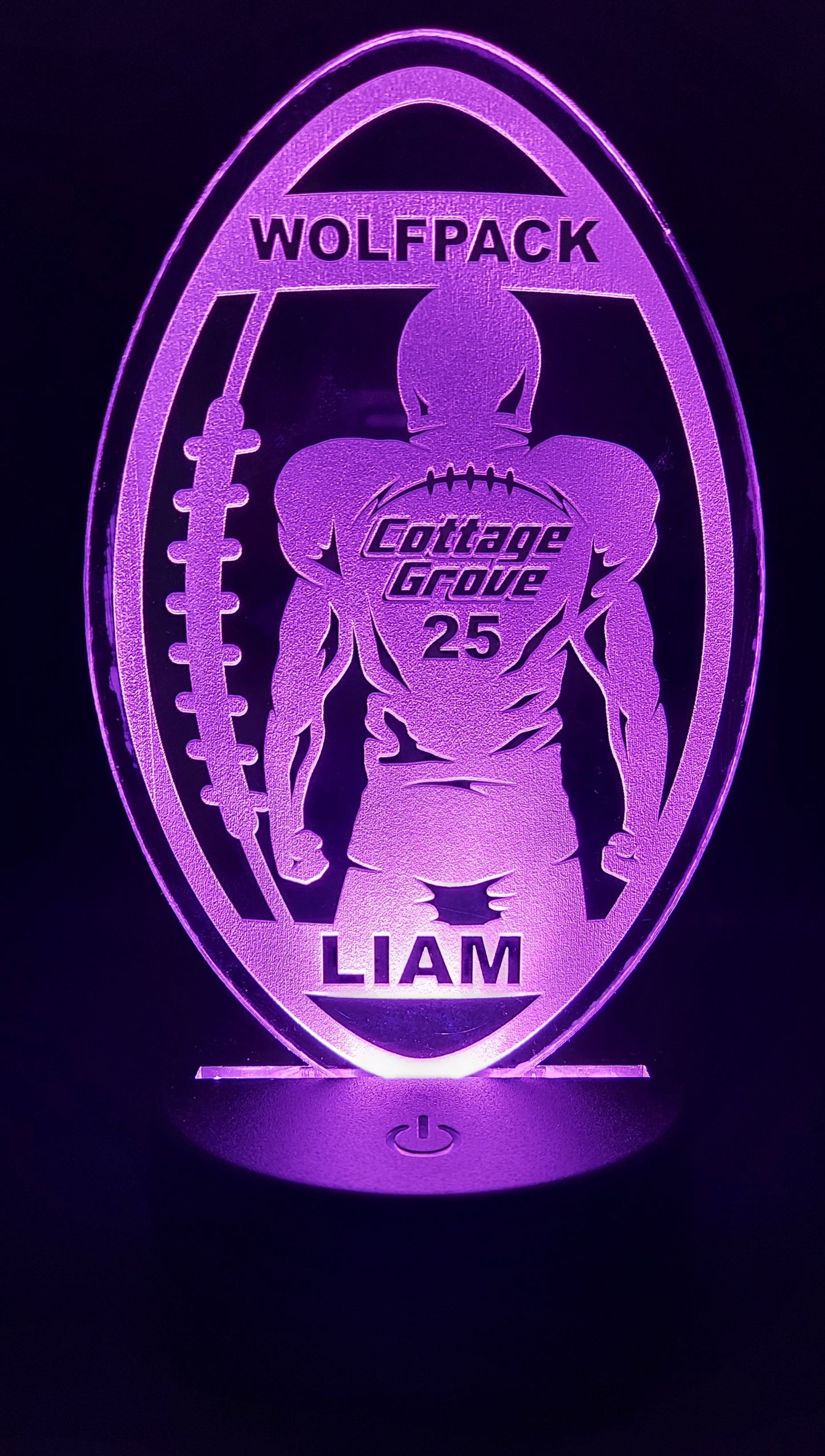 Football Player and Football Acrylic Engraved Sign with LED Base | 16 Color Changing LEDs | Customized Engraved Acrylic Sign - Player Name