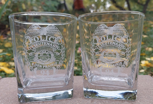 Custom Police Officer Law Enforcement laser engraved whiskey glasses / low balls - set of 4 - Police, Trooper, Officer, Deputy, Sheriff