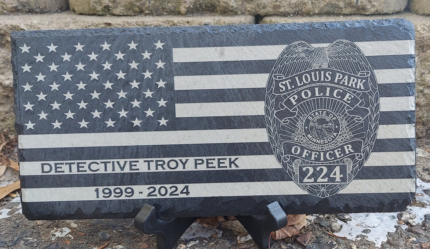 Custom laser engraved slate plaque - American flag - Police, Deputy Sheriff, Trooper, Officer, Law Enforcement, EOW, Retirement 10" x 5"