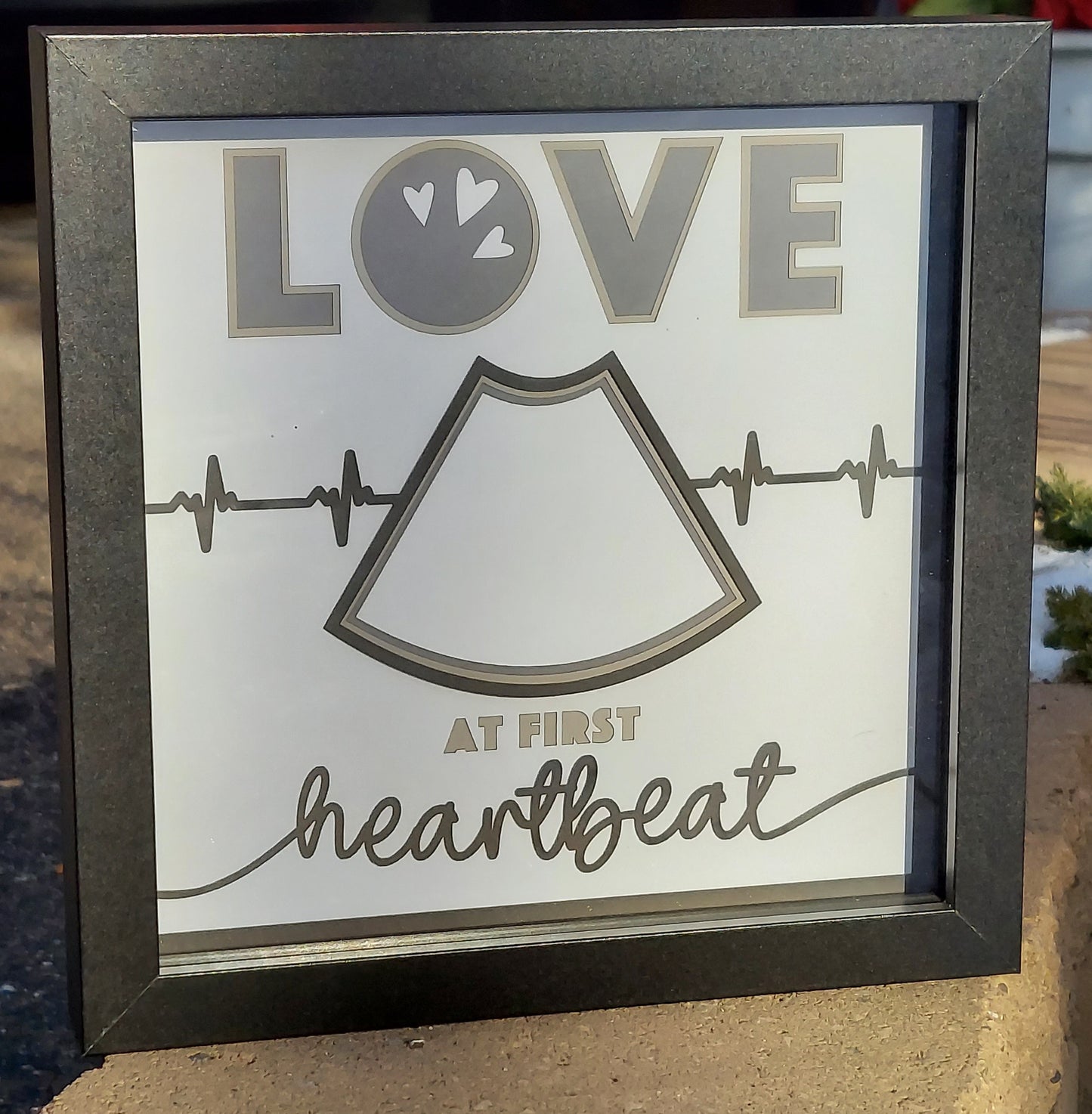 Love at First Heartbeat Baby Ultrasound Sonogram Photo Picture Frame, Baby Shower Gift, Gift for New Parents and Expecting Shadow Box 8"x8"