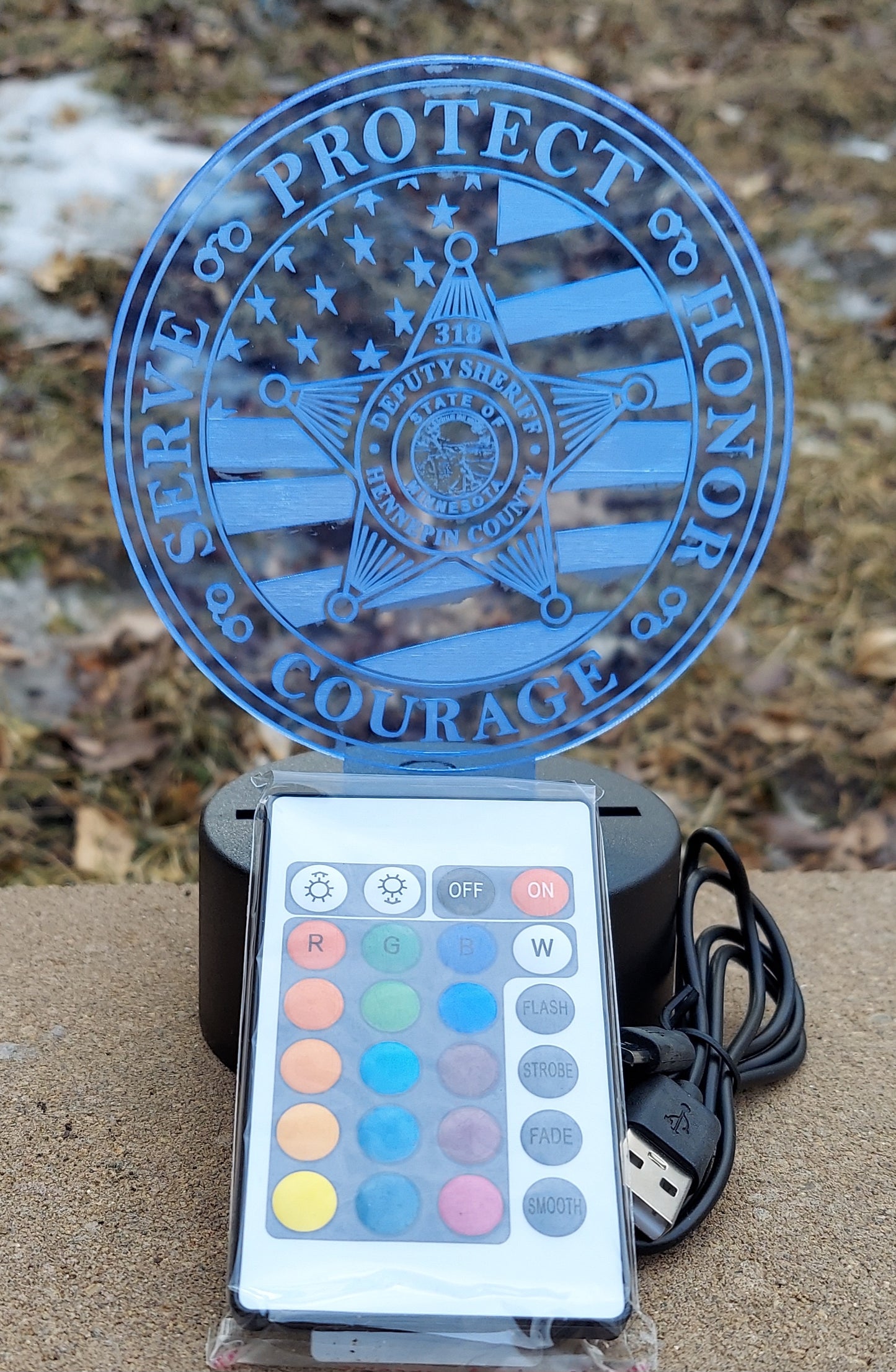 Police Badge Acrylic lighted plaque, US Flag, Police Gift lighted plaque / Night Light, Law Enforcement, Sheriff, Trooper, Remote Control