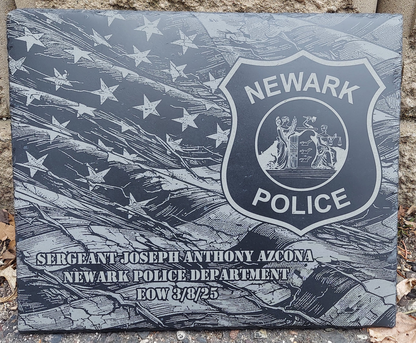 Custom Police Officer designed laser engraved slate 12x10 memorial plaque - Tattered Flag, Law Enforcement Memorial Plaque, Sheriff Deputy