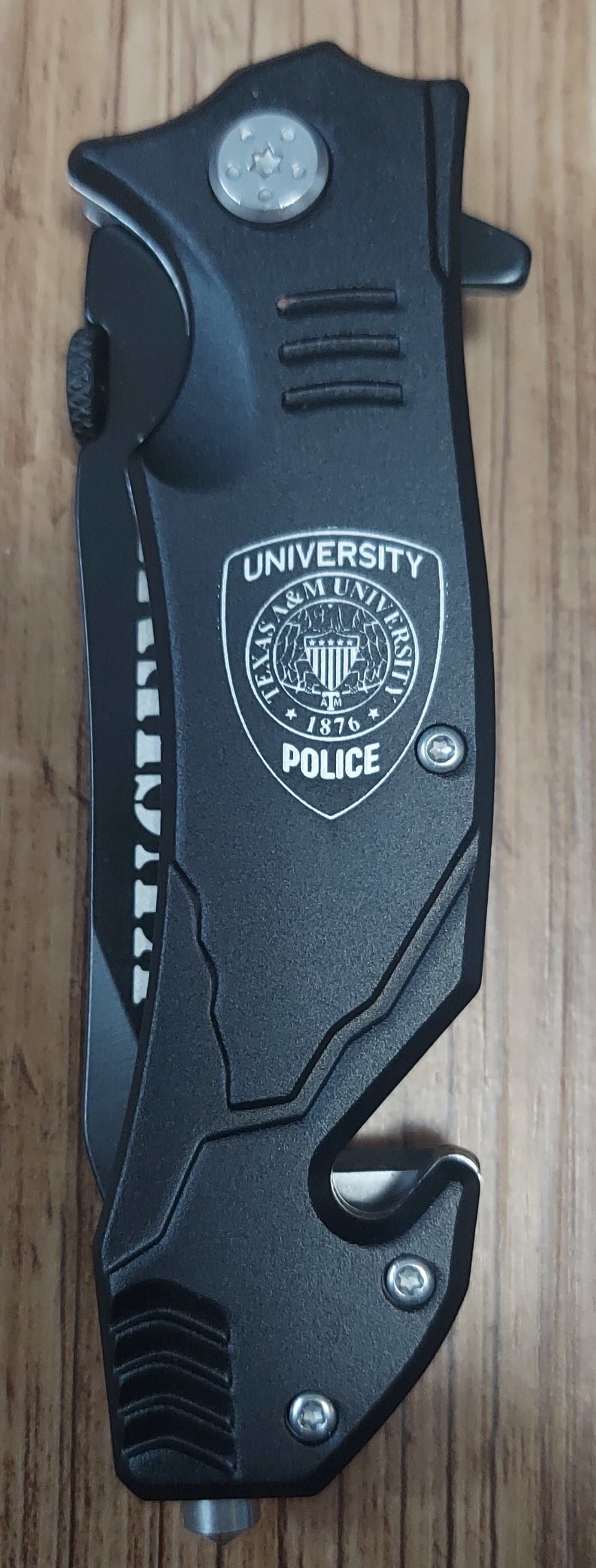 Laser Engraved Bison River Knife - Flag Police Officer Badge Patch Law Enforcement Sheriff Deputy 4 1/2" Rescue Knife