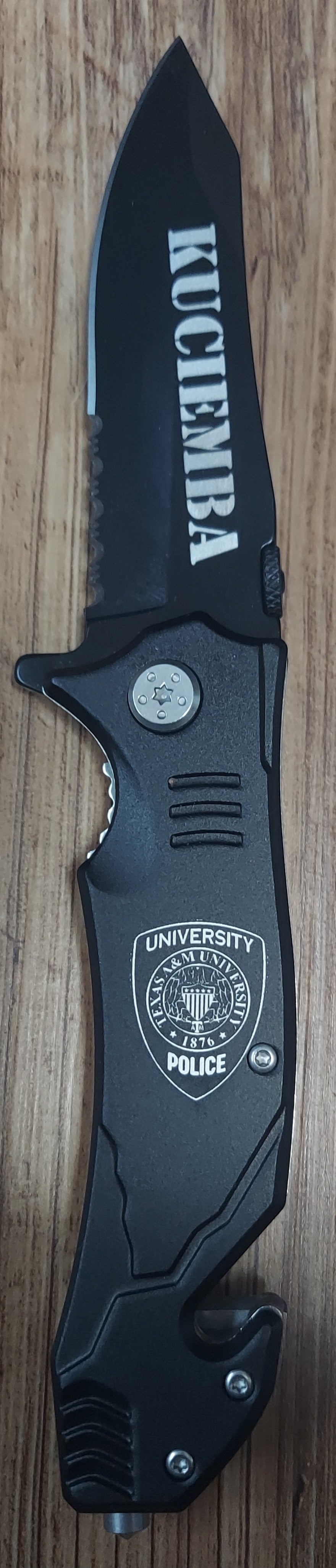 Laser Engraved Bison River Knife - Flag Police Officer Badge Patch Law Enforcement Sheriff Deputy 4 1/2" Rescue Knife