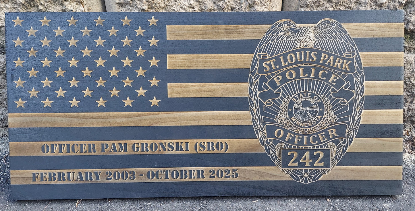 Distressed American Wood Flag Police Officer Badge Patch Law Enforcement Memorial Retirement, Plaque, Sheriff Deputy, 24"x11 1/4"x 3/4"