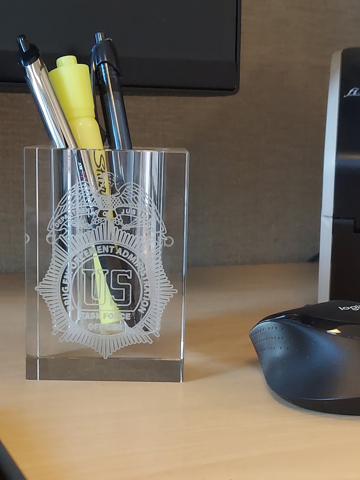 Custom Engraved Optic Crystal Pen/Pencil Holder - Personalized, Police, Law Enforcement, Firefighter, Business Logo, Text