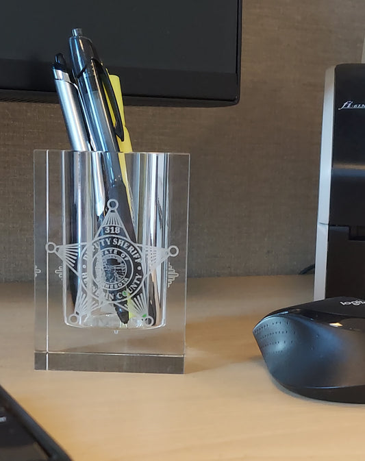 Custom Engraved Optic Crystal Pen/Pencil Holder - Personalized, Police, Law Enforcement, Firefighter, Business Logo, Text