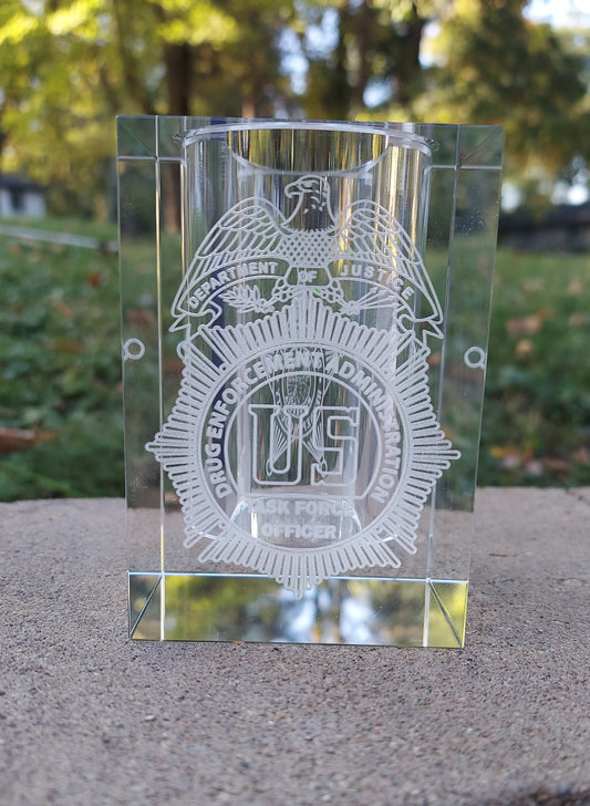 Custom Engraved Optic Crystal Pen/Pencil Holder - Personalized, Police, Law Enforcement, Firefighter, Business Logo, Text