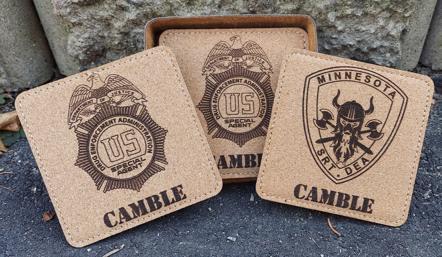 Custom laser engraved leatherette "cork" style coaster set - (Set of 6)