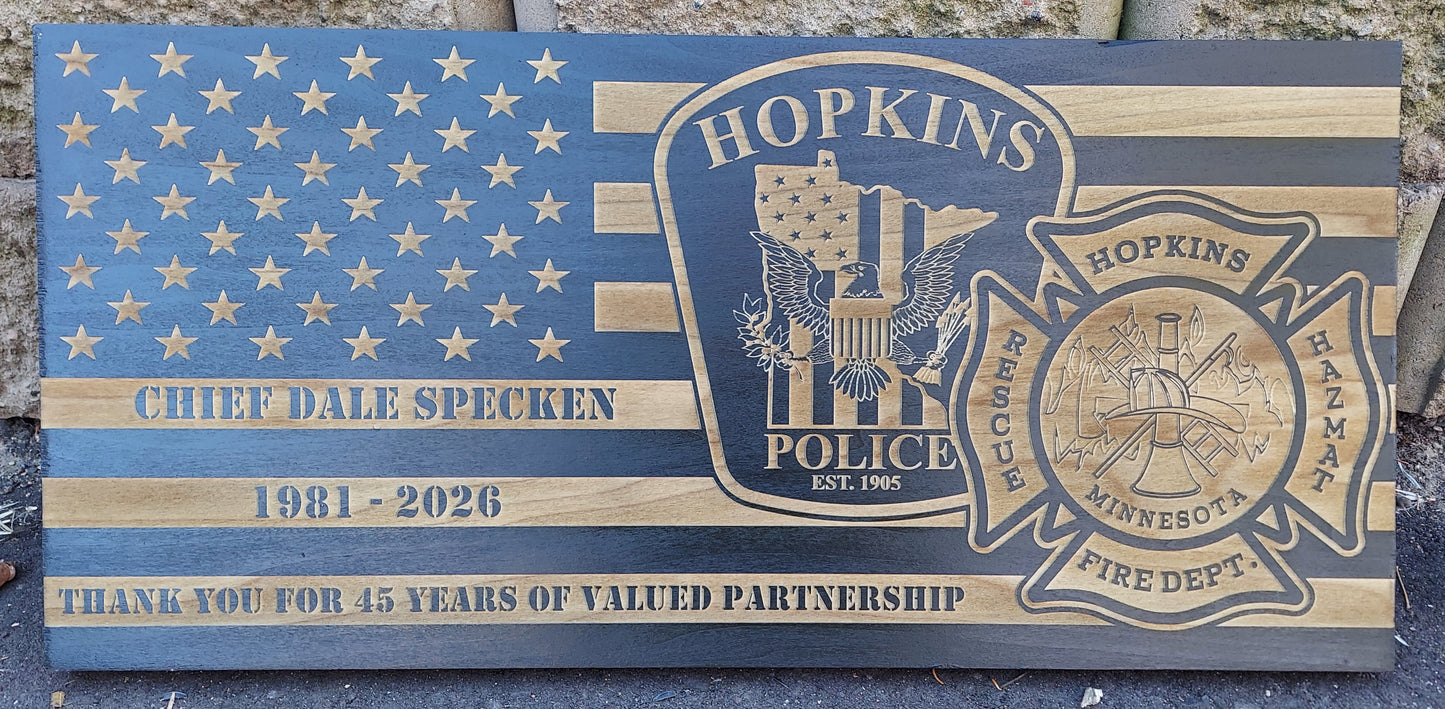 Distressed American Wood Flag Police Officer Badge Patch Law Enforcement Memorial Retirement, Plaque, Sheriff Deputy, 24"x11 1/4"x 3/4"