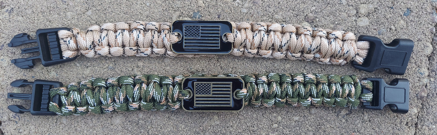 Camouflage Woven Survival Bracelet with American Flag Bar Pendant