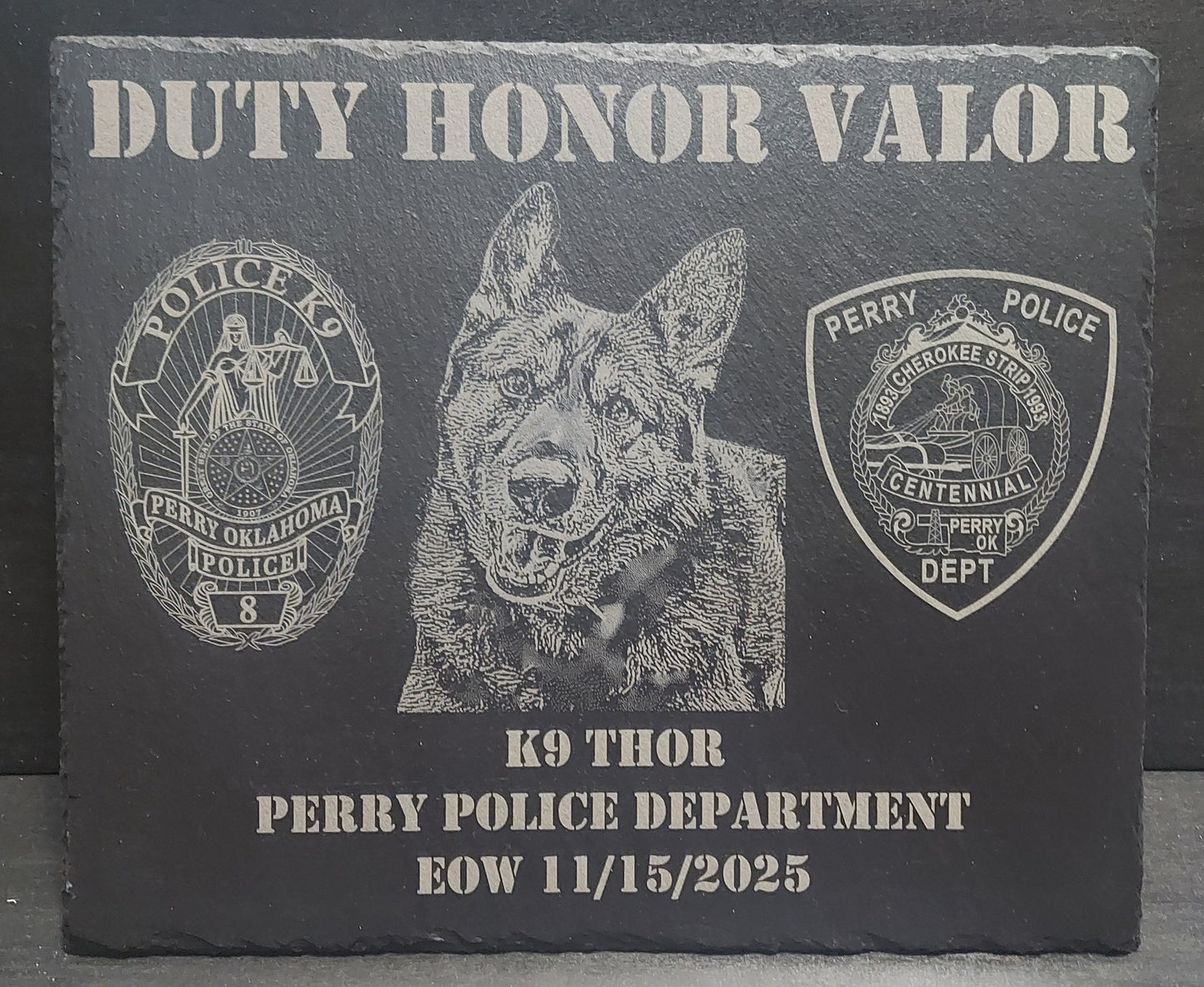 Custom designed Law Enforcement K9 laser engraved slate 12x10 memorial or retirement plaque - Police K9, K9 Memorial Plaque, K9 Retirement