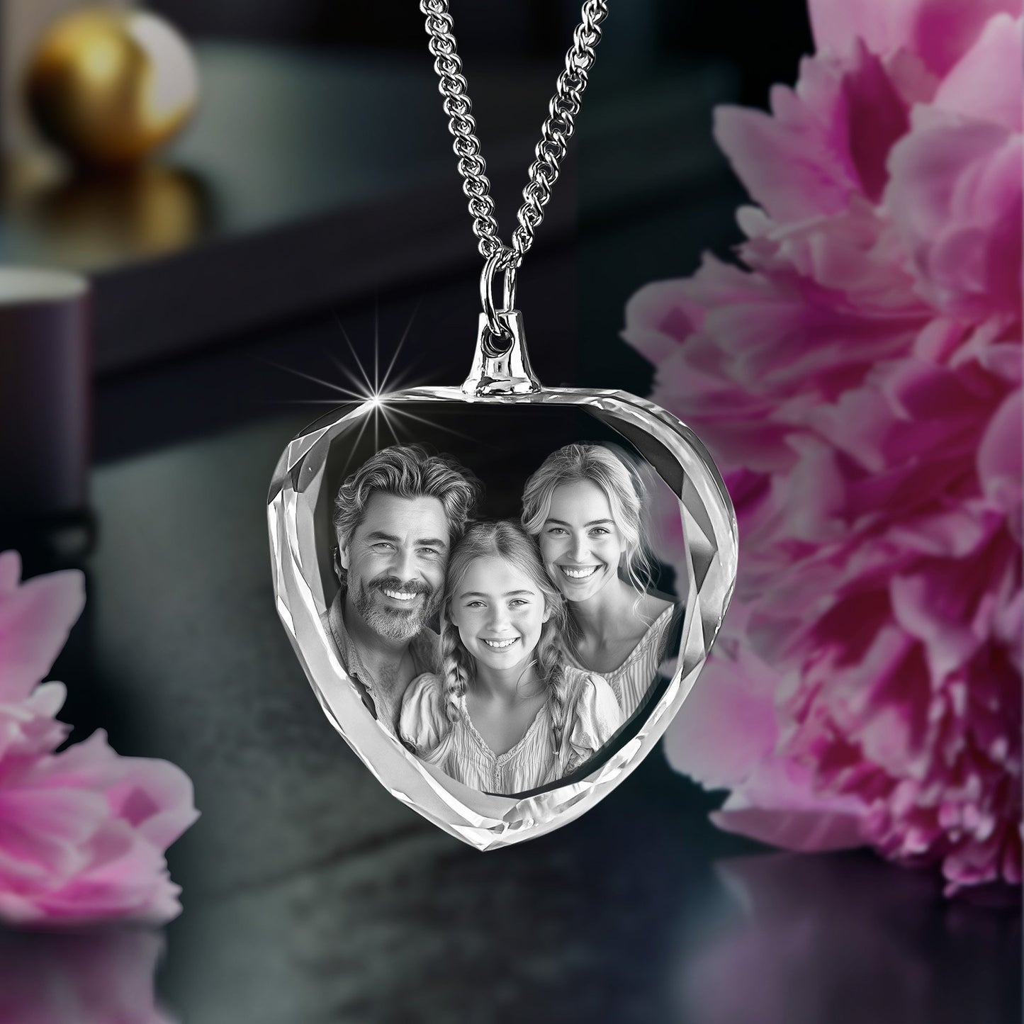 3D Photo Crystal Heart Shaped Necklace Engraved with your photo Personalized Gift, Mother's Day, Father's Day, Valentine's, Mom, Dad, Pet