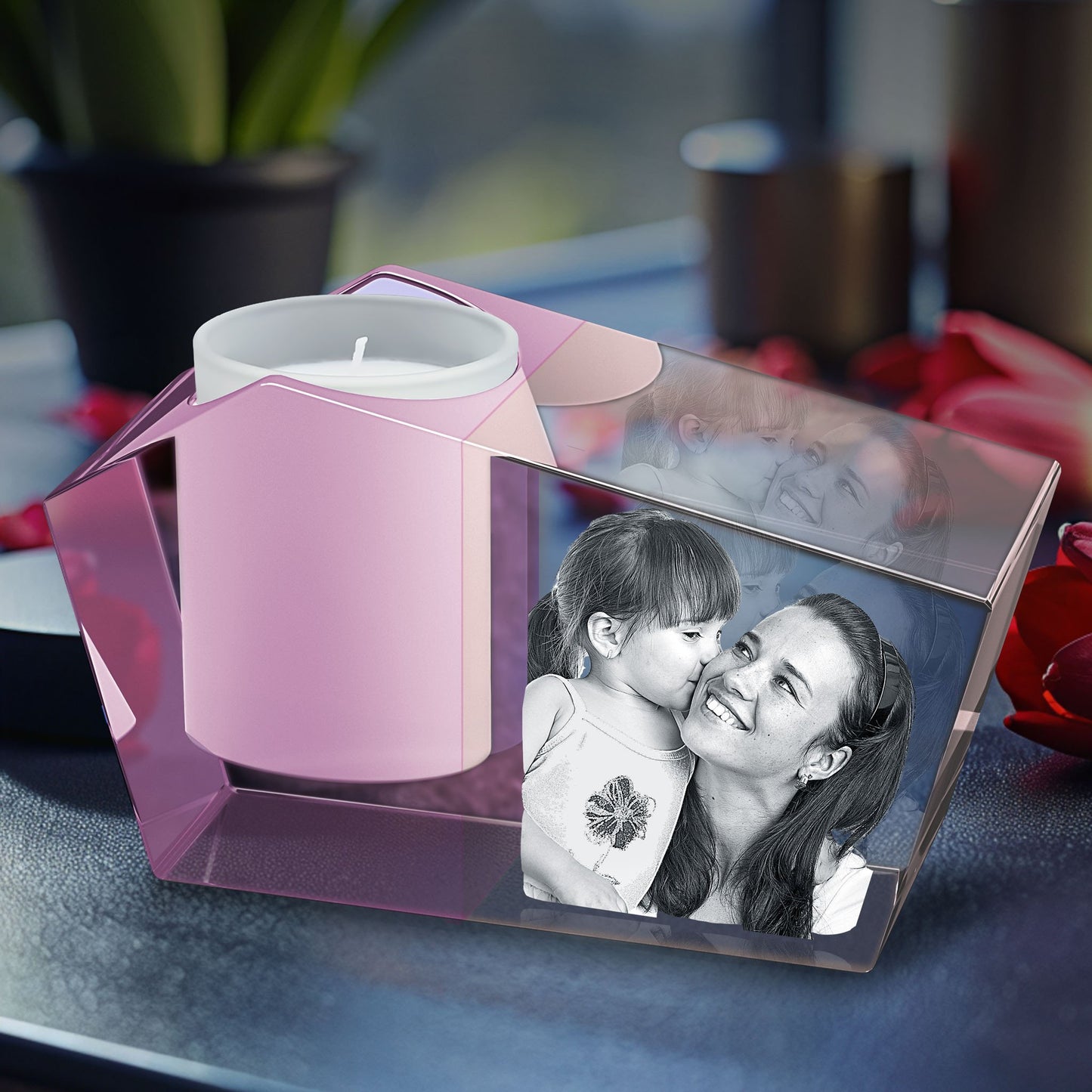 3D Crystal Photo Pink Prism Candle Holder - Portrait Engraved with your photo - Mother's Day, Father's Day, Memorial, Mom, Dad, Wife, Pet