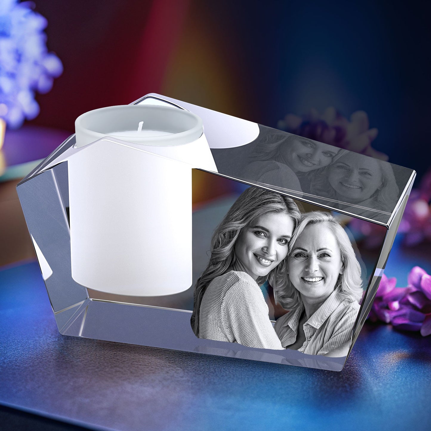 3D Crystal Photo Prism Candle Holder - Portrait Engraved with your photo - Mother's Day, Father's Day, Memorial, Mom, Dad, Wife, Pet
