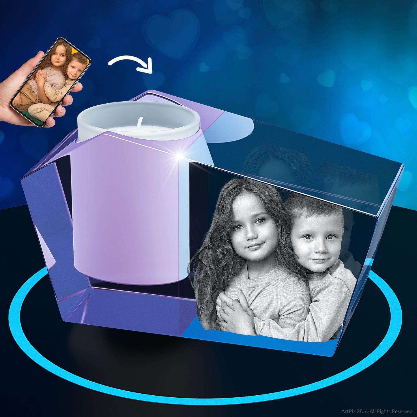 3D Crystal Photo Pink Prism Candle Holder - Portrait Engraved with your photo - Mother's Day, Father's Day, Memorial, Mom, Dad, Wife, Pet