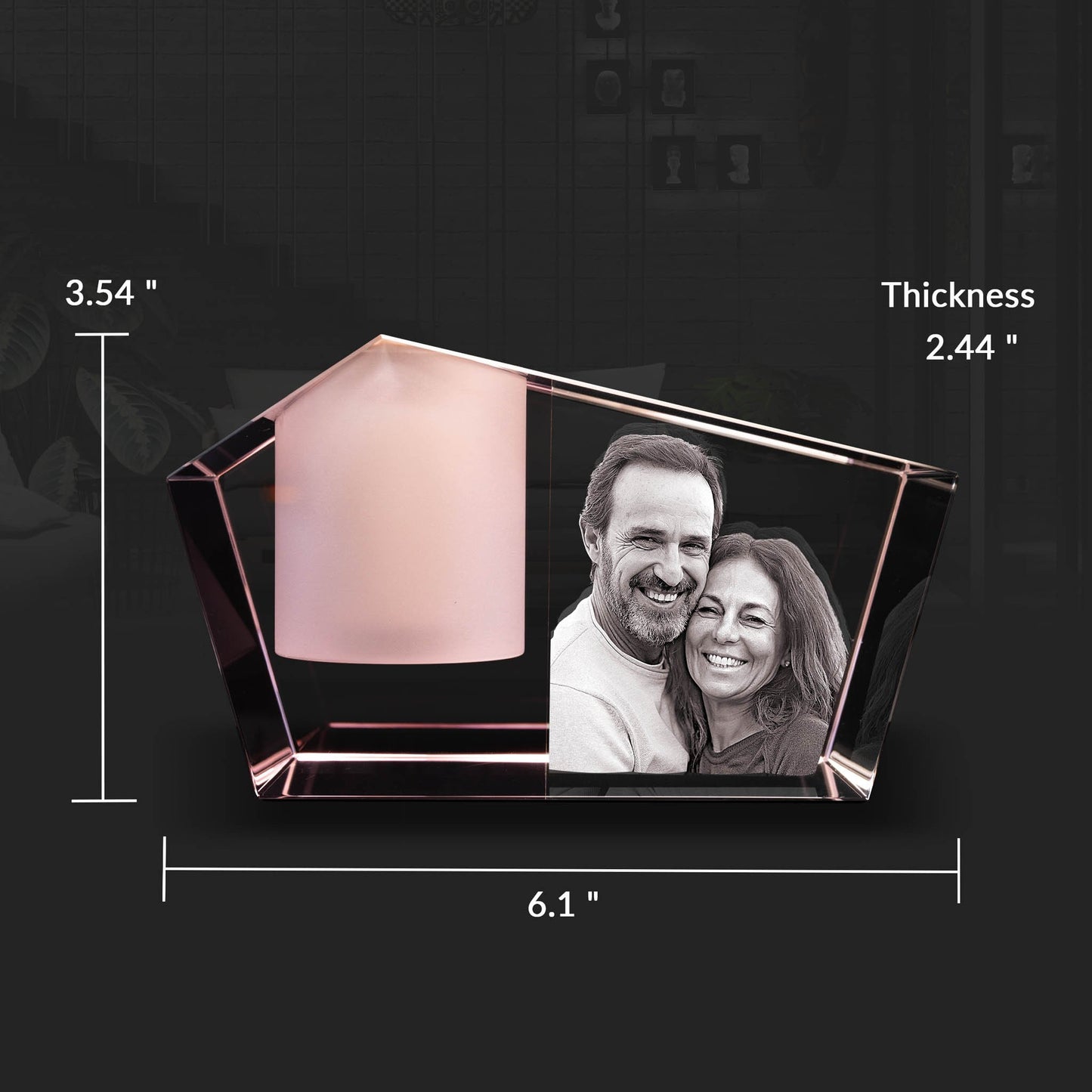 3D Crystal Photo Pink Prism Candle Holder - Portrait Engraved with your photo - Mother's Day, Father's Day, Memorial, Mom, Dad, Wife, Pet