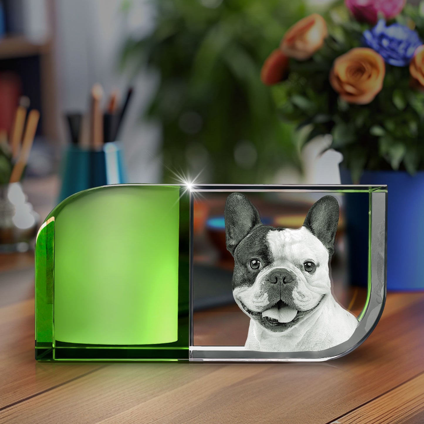 3D Crystal Photo Green Leaf Candle Holder - Portrait Engraved with your photo - Mother's Day, Father's Day, Memorial, Mom, Dad, Wife, Pet