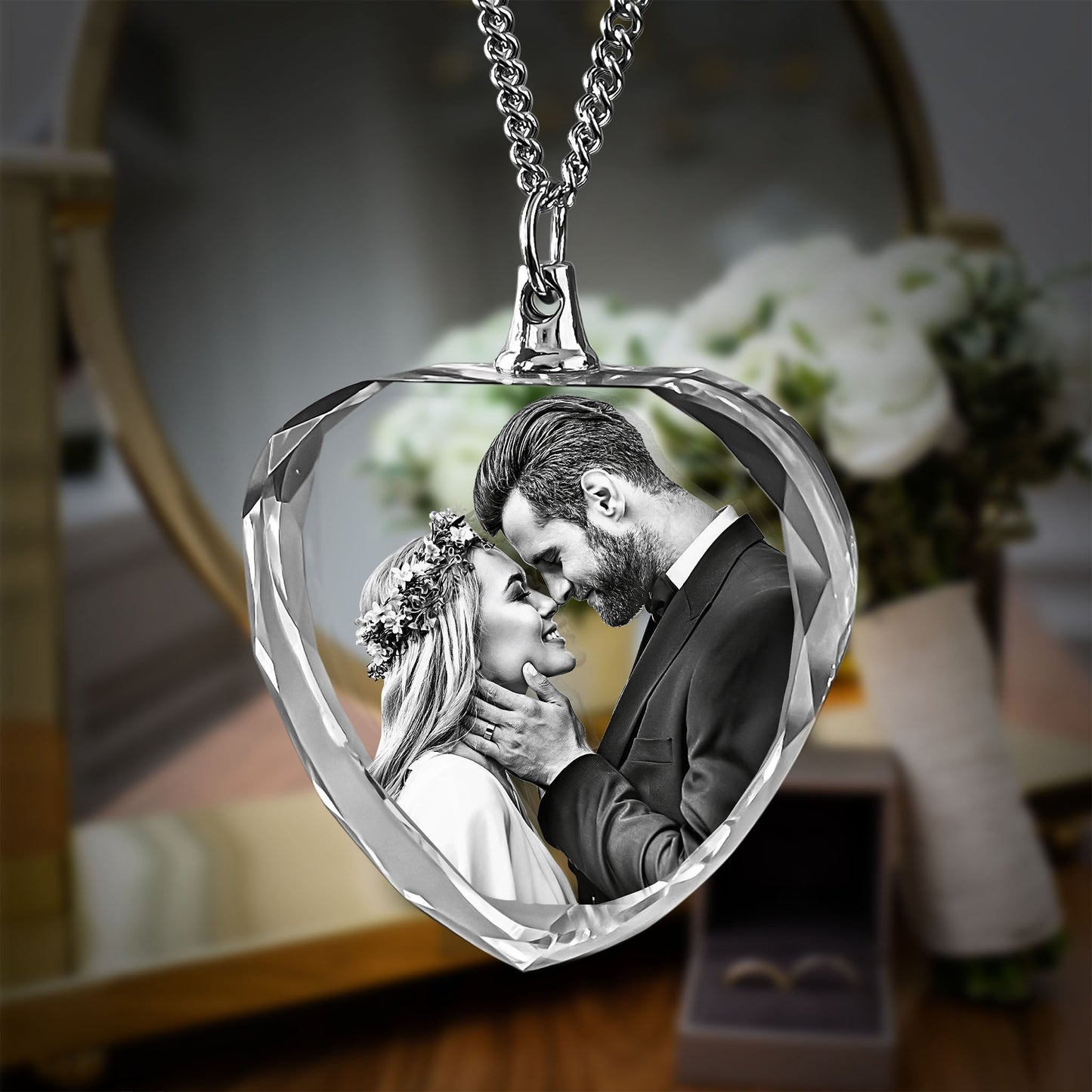 3D Photo Crystal Heart Shaped Necklace Engraved with your photo Personalized Gift, Mother's Day, Father's Day, Valentine's, Mom, Dad, Pet