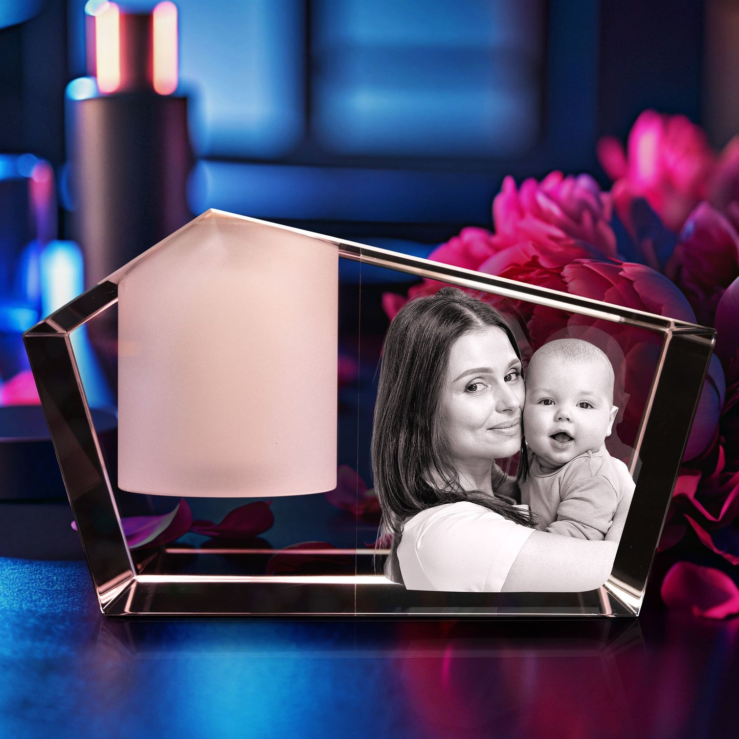 3D Crystal Photo Pink Prism Candle Holder - Portrait Engraved with your photo - Mother's Day, Father's Day, Memorial, Mom, Dad, Wife, Pet
