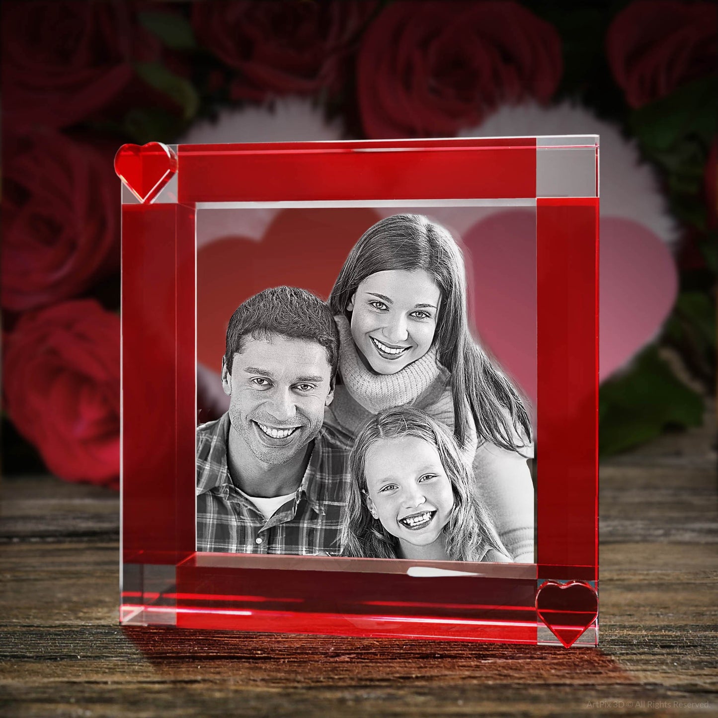3D Red Hearts Crystal Photo Frame - Engraved - Mother's Day, Father's Day, Birthday, Anniversary, Memorial - Personalized - Customized