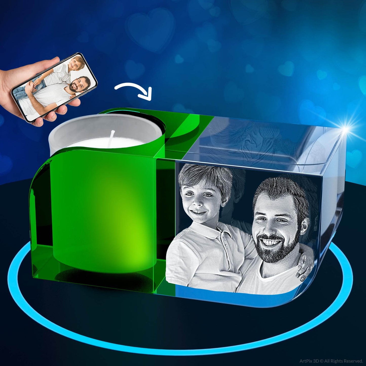 3D Crystal Photo Green Leaf Candle Holder - Portrait Engraved with your photo - Mother's Day, Father's Day, Memorial, Mom, Dad, Wife, Pet