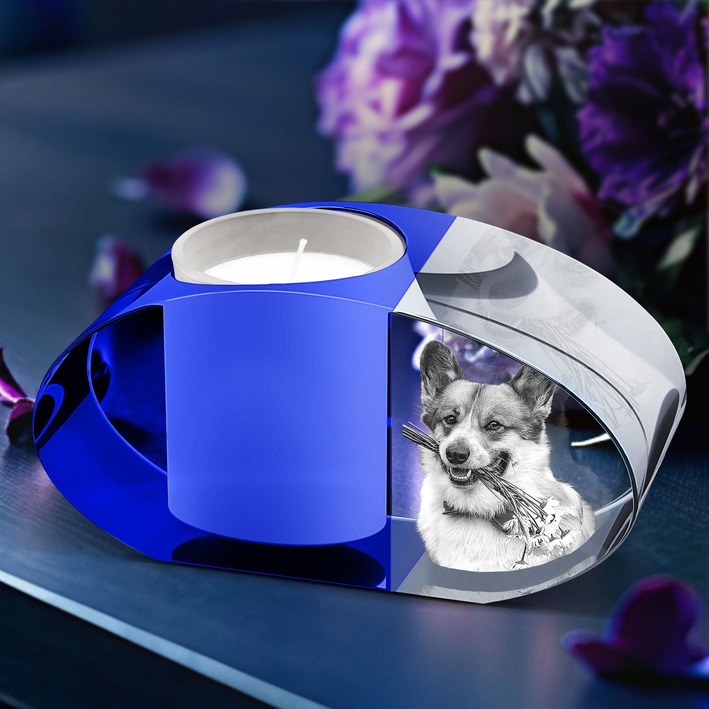 3D Crystal Photo Blue Prism Candle Holder - Portrait Engraved with your photo - Mother's Day, Father's Day, Memorial, Mom, Dad, Wife, Pet (Copy)