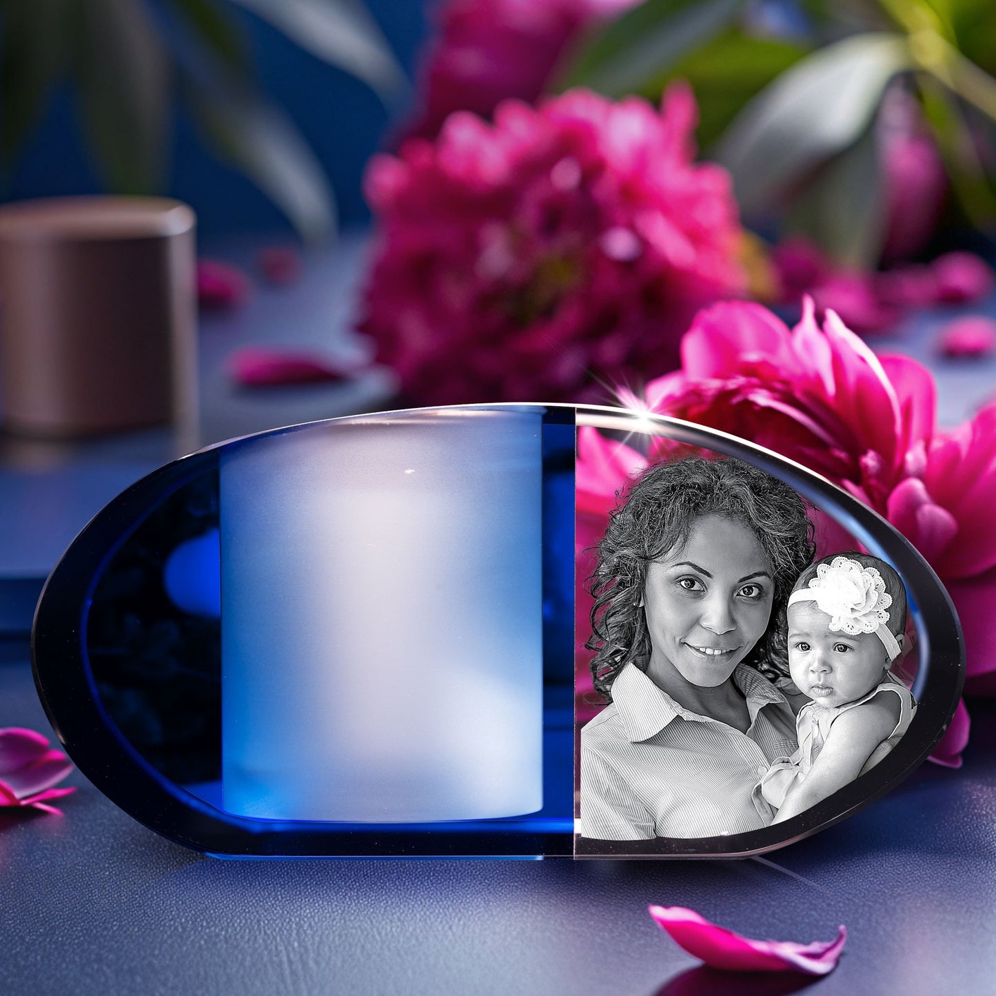 3D Crystal Photo Blue Prism Candle Holder - Portrait Engraved with your photo - Mother's Day, Father's Day, Memorial, Mom, Dad, Wife, Pet (Copy)