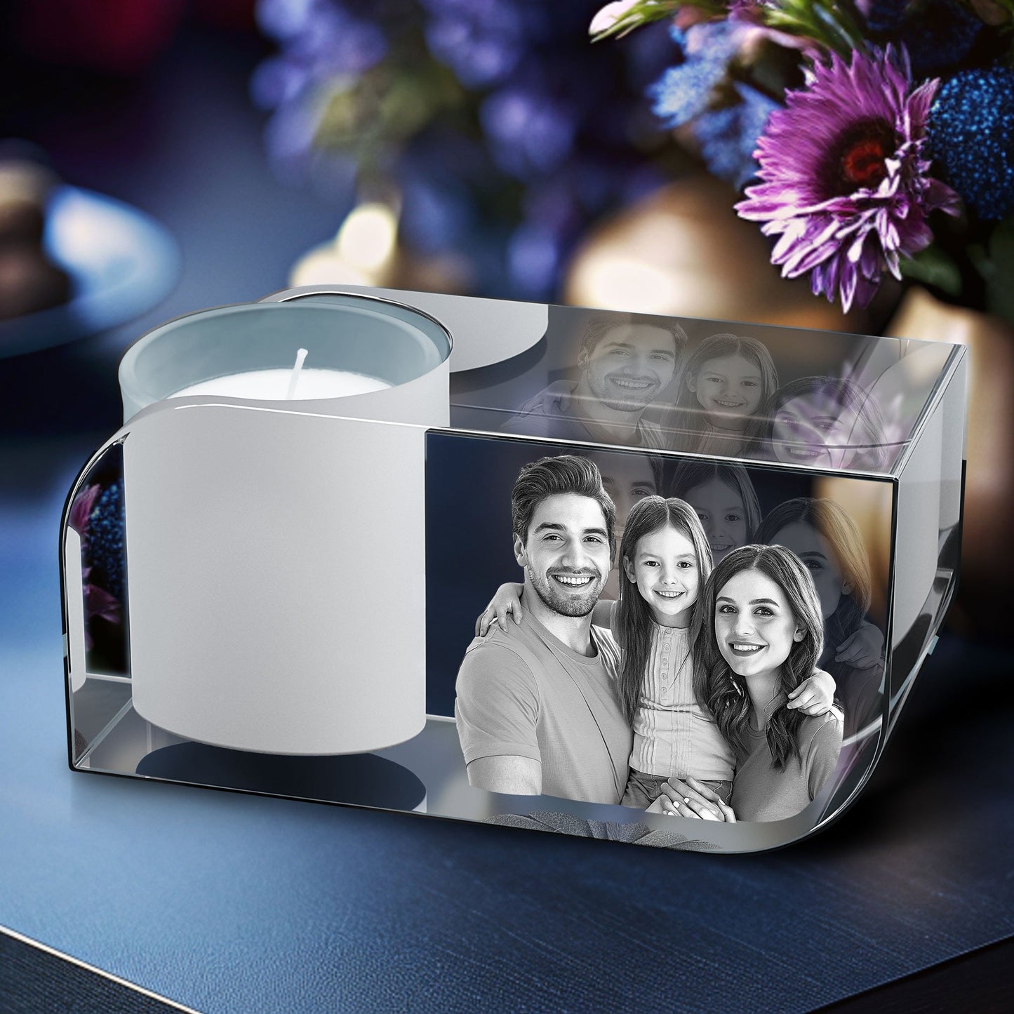 3D Crystal Photo Clear Leaf Candle Holder - Portrait Engraved with your photo - Mother's Day, Father's Day, Memorial, Mom, Dad, Wife, Pet