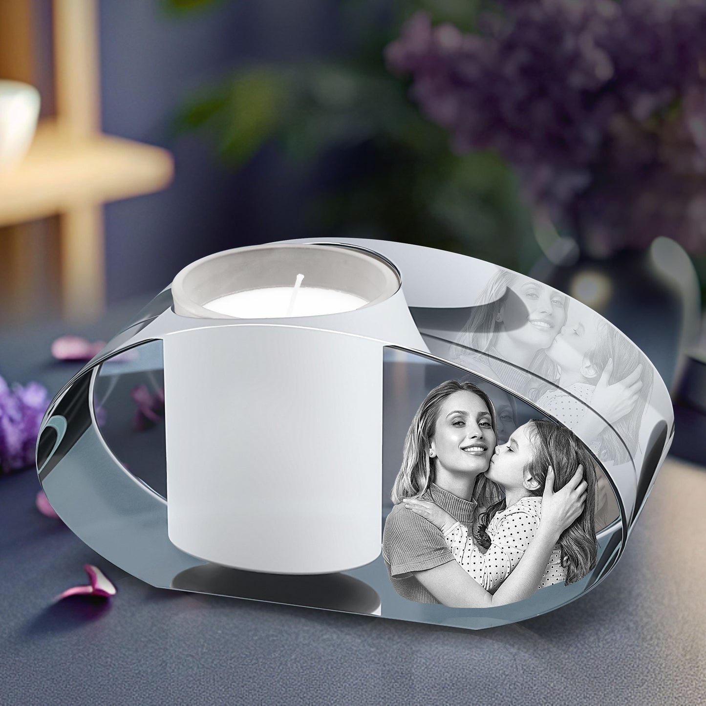 3D Crystal Photo Ellipse Candle Holder - Portrait Engraved with your photo - Mother's Day, Father's Day, Memorial, Mom, Dad, Wife, Pet