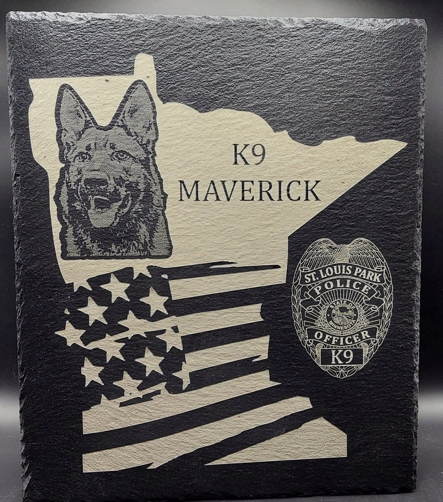 Custom Police K9 Law Enforcement laser engraved slate 12x10 plaque - State of Minnesota, US Flag, Trooper, Officer, Deputy Sheriff, SWAT