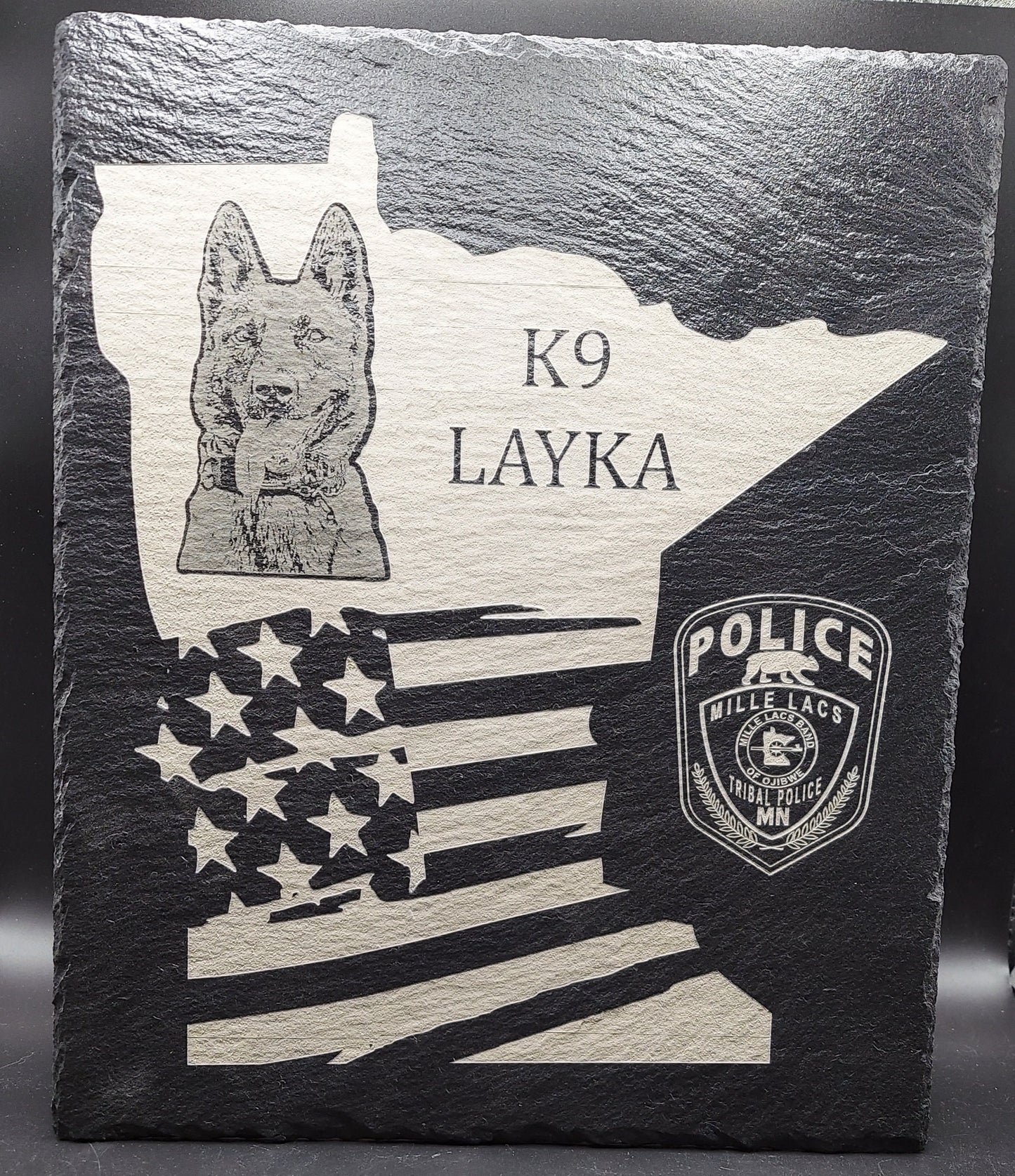 Custom Police K9 Law Enforcement laser engraved slate 12x10 plaque - State of Minnesota, US Flag, Trooper, Officer, Deputy Sheriff, SWAT