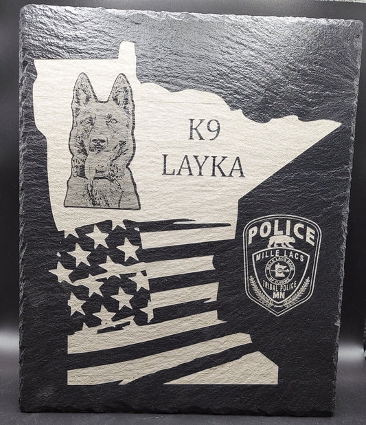 Custom Police K9 Law Enforcement laser engraved slate 12x10 plaque - State of Minnesota, US Flag, Trooper, Officer, Deputy Sheriff, SWAT