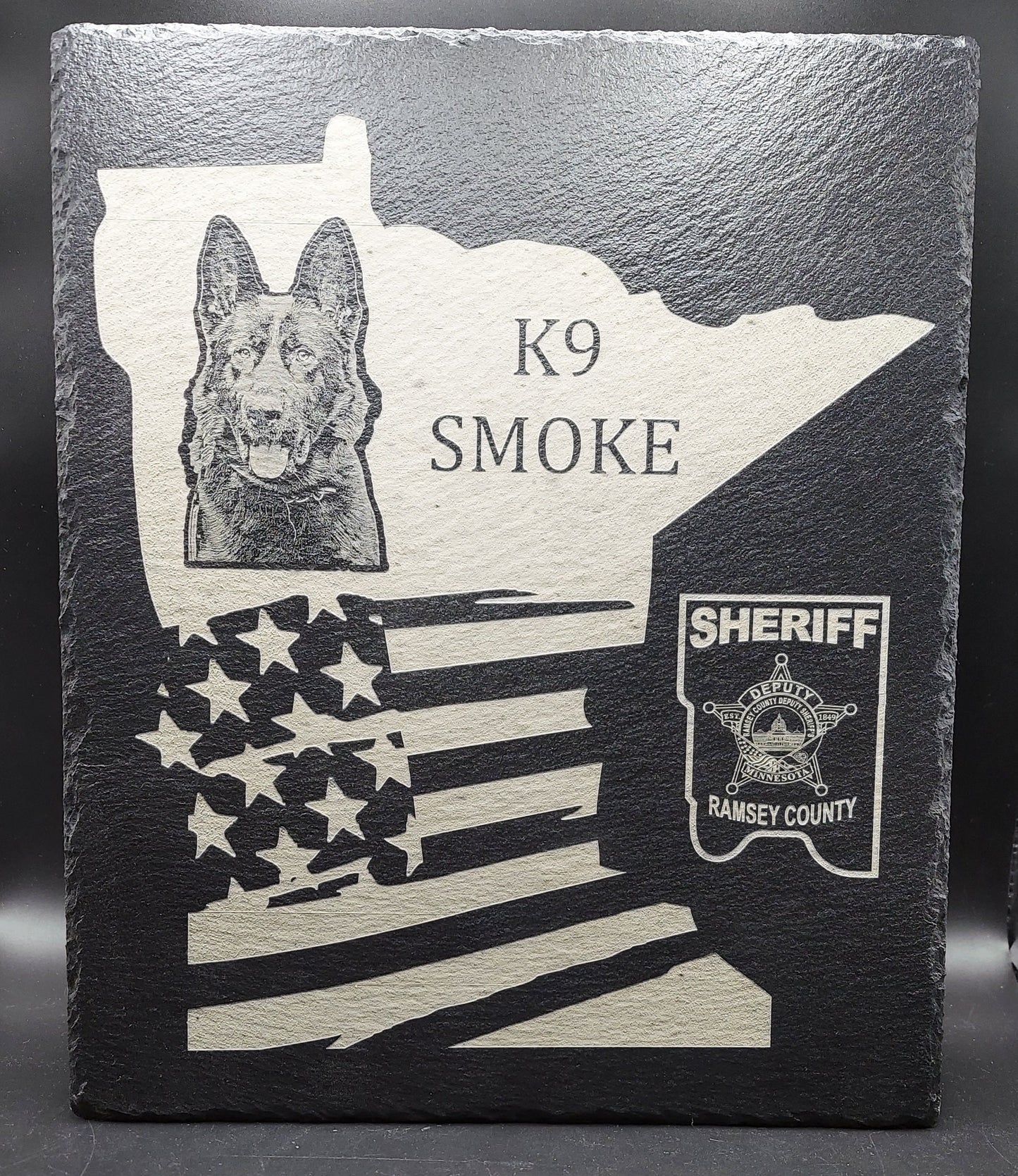 Custom Police K9 Law Enforcement laser engraved slate 12x10 plaque - State of Minnesota, US Flag, Trooper, Officer, Deputy Sheriff, SWAT