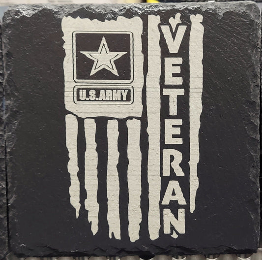 Custom Military laser engraved slate coaster set - Army, Marines, Navy, Coast Guard, Veteran, National Guard - (Set of 4)