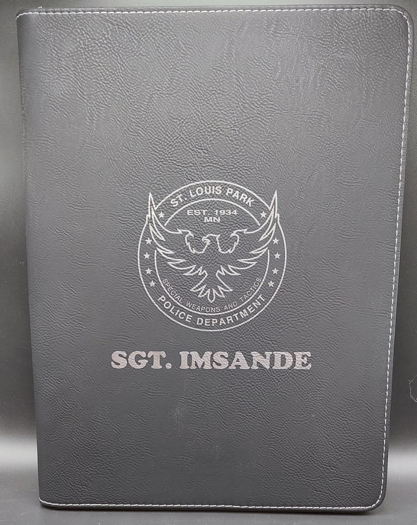 Custom Laser Engraved Leatherette Portfolio 9 1/2" x 12" with zipper and notepad Police, Law Enforcement, Trooper, Deputy Sheriff, Officer