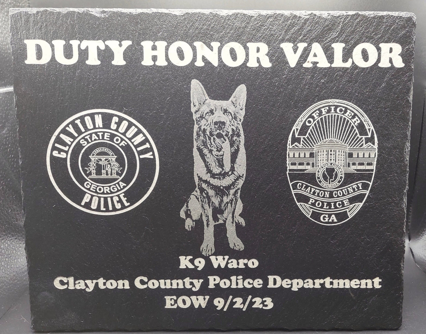 Custom designed Law Enforcement K9 laser engraved slate 12x10 memorial or retirement plaque - Police K9, K9 Memorial Plaque, K9 Retirement