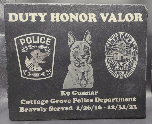 Custom designed Law Enforcement K9 laser engraved slate 12x10 memorial or retirement plaque - Police K9, K9 Memorial Plaque, K9 Retirement
