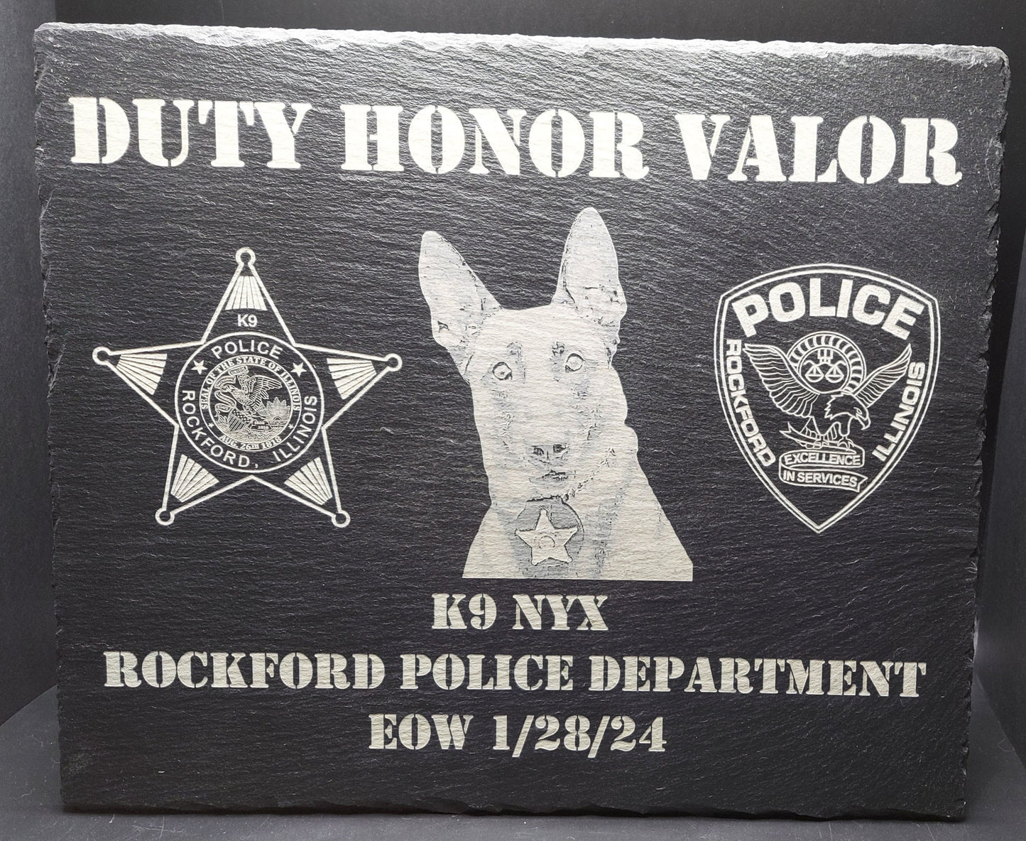 Custom designed Law Enforcement K9 laser engraved slate 12x10 memorial or retirement plaque - Police K9, K9 Memorial Plaque, K9 Retirement