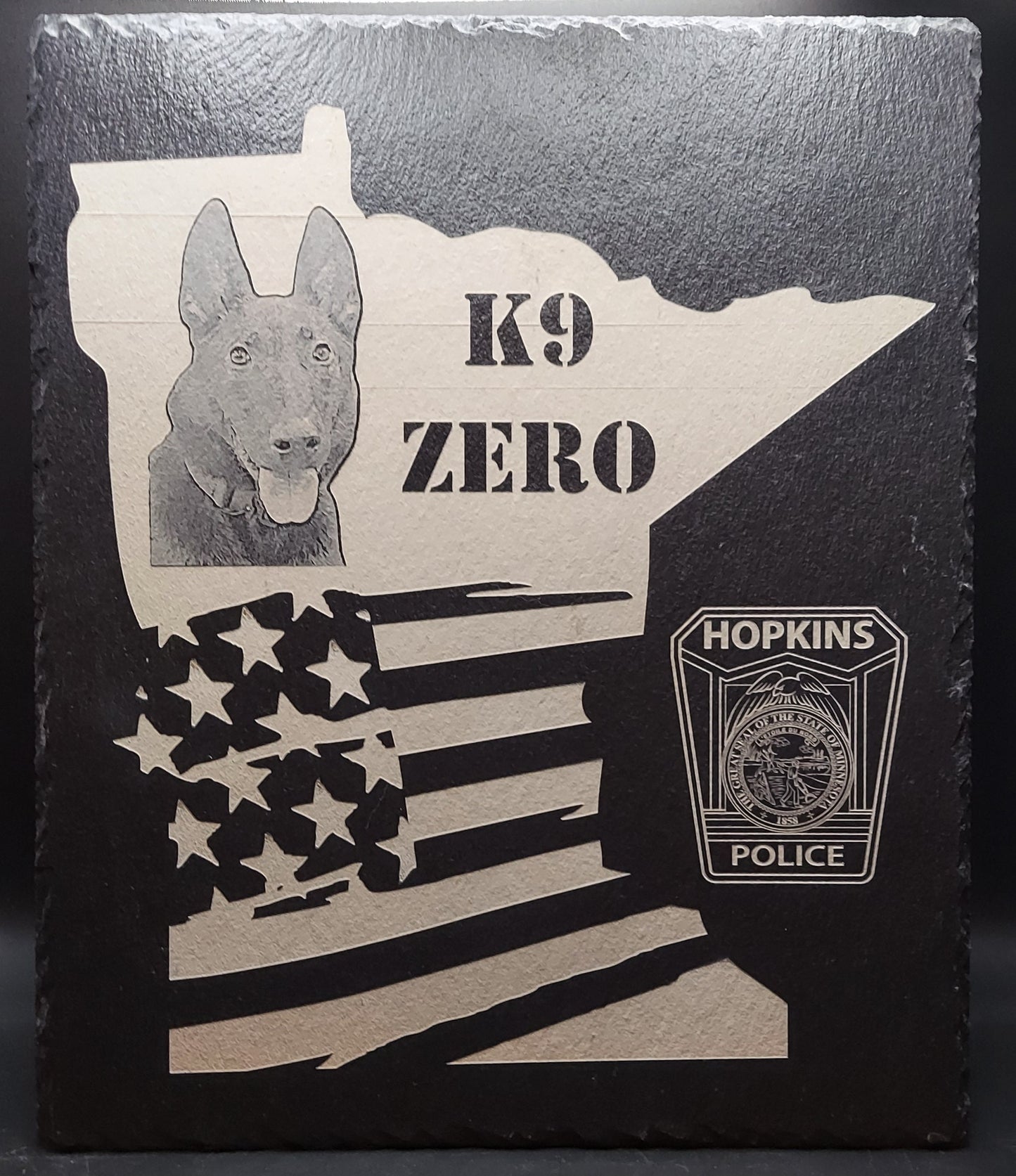 Custom Police K9 Law Enforcement laser engraved slate 12x10 plaque - State of Minnesota, US Flag, Trooper, Officer, Deputy Sheriff, SWAT