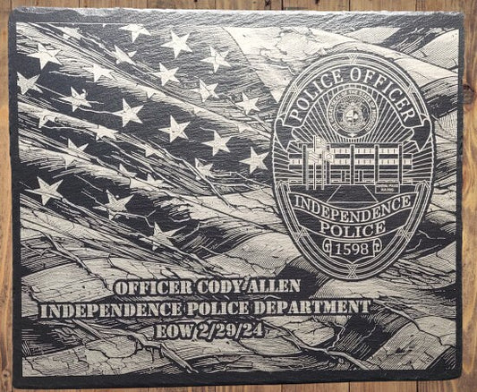 Custom Police Officer designed laser engraved slate 12x10 memorial plaque - Tattered Flag, Law Enforcement Memorial Plaque, Sheriff Deputy