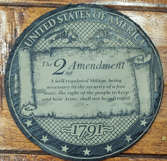 Patriotic 2nd Amendment laser engraved round slate coaster set - Second Amendment, Skull, Flag, 1791, Eagle, Right to Bear Arms (Set of 4)