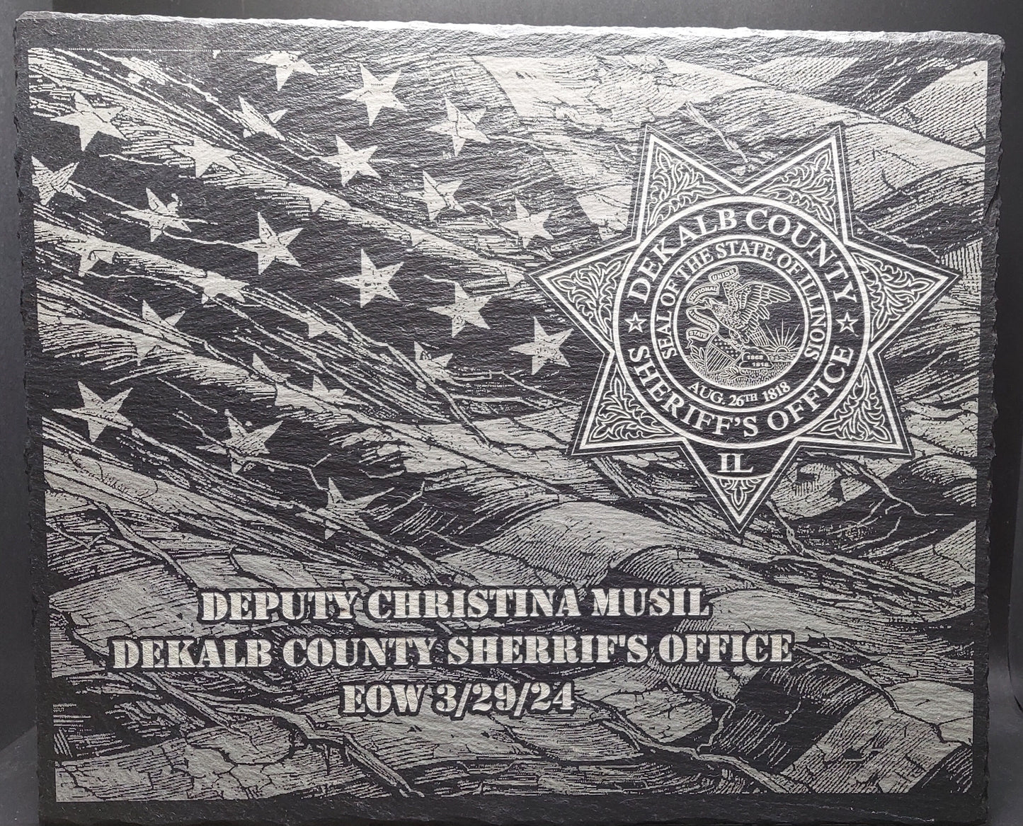 Custom Police Officer designed laser engraved slate 12x10 memorial plaque - Tattered Flag, Law Enforcement Memorial Plaque, Sheriff Deputy