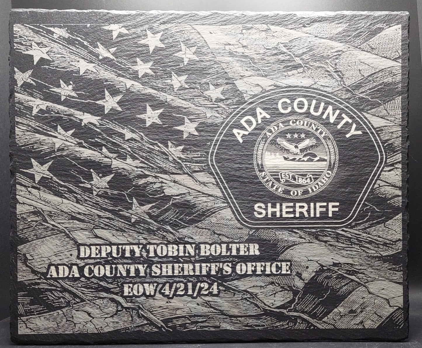 Custom Police Officer designed laser engraved slate 12x10 memorial plaque - Tattered Flag, Law Enforcement Memorial Plaque, Sheriff Deputy